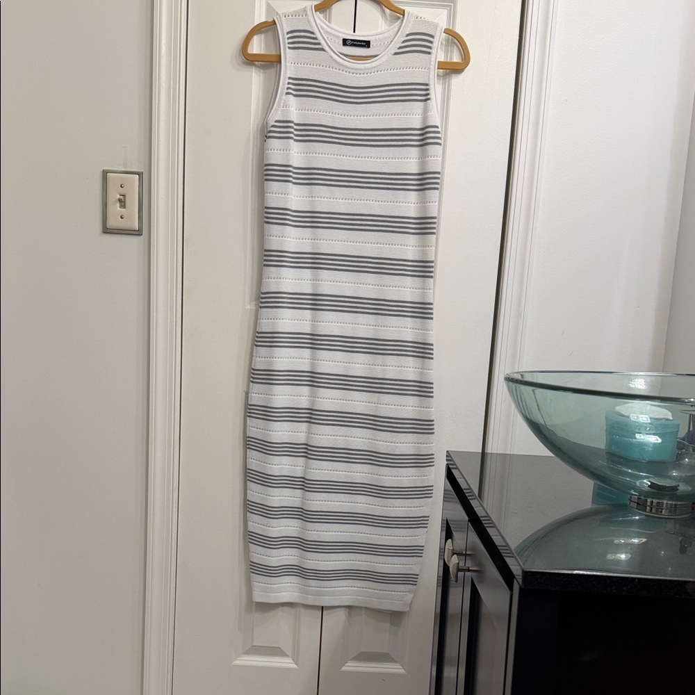 Sleeveless White & Gray Striped Knit Maxi Dress